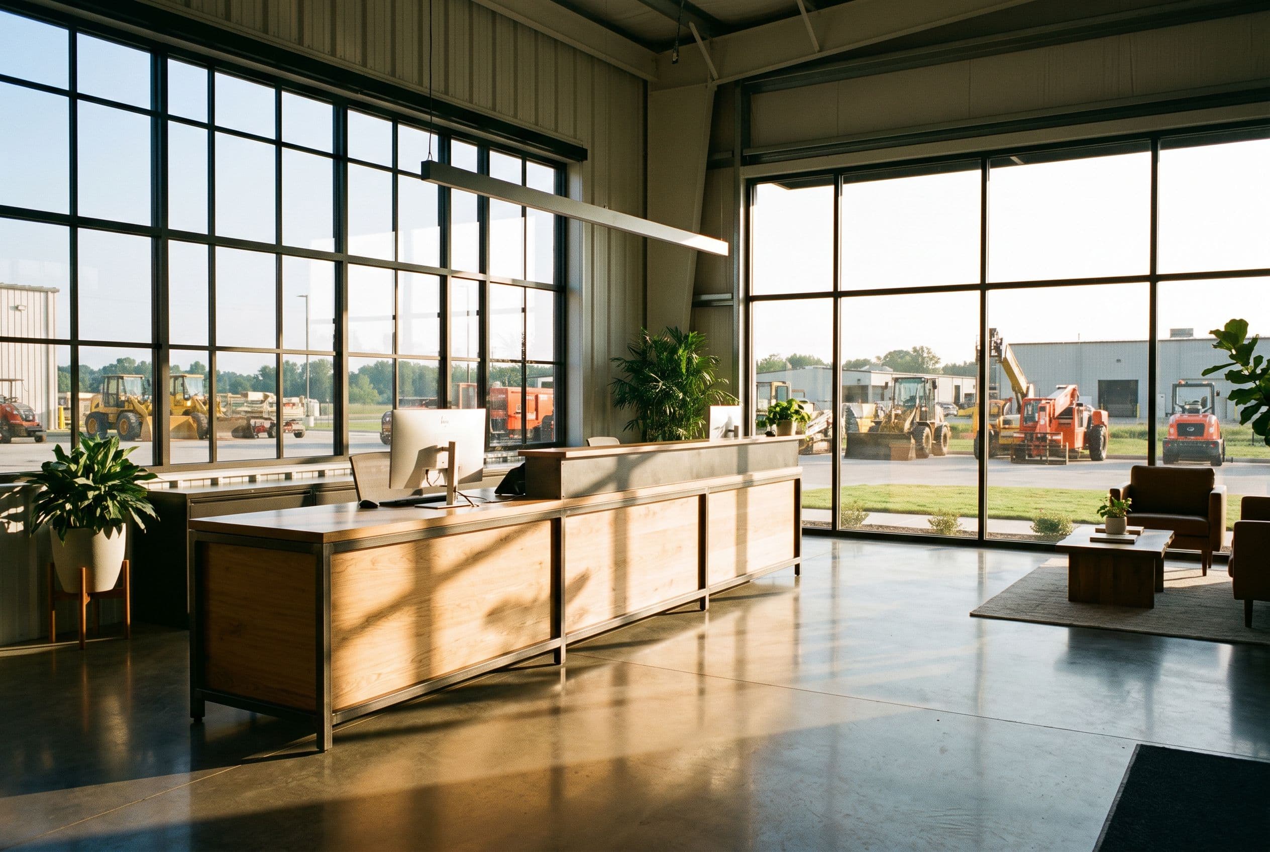 A bright, tidy equipment-rental front counter and office, lit by daylight.